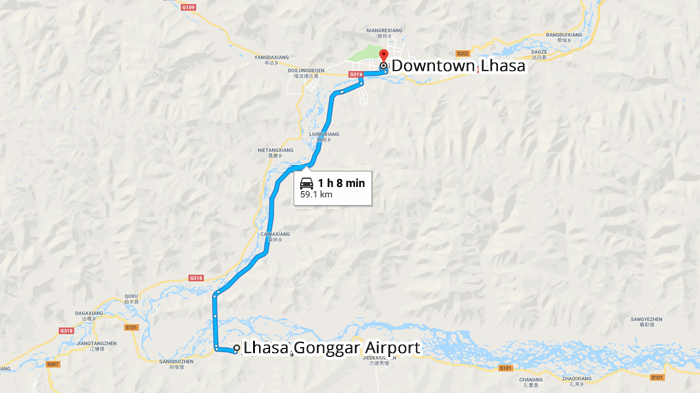 It takes around 1 hour to drive from Lhasa Gonggar Airport to Downtown Lhasa.