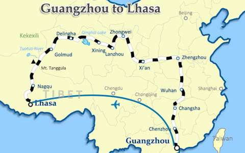 Guangzhou to Tibet Travel Route Map