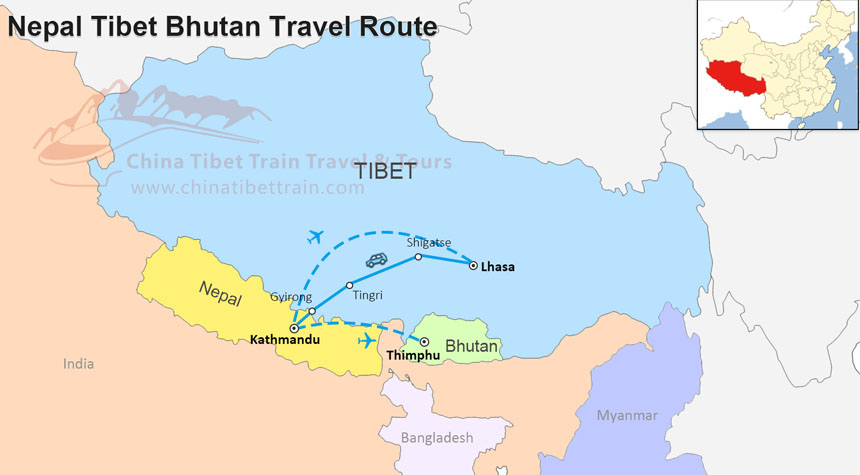 Nepal Tibet Bhutan travel route map