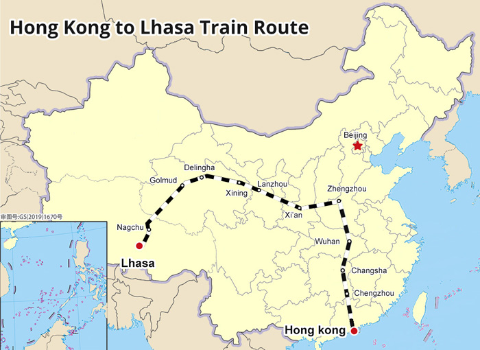 Hongkong to Lhasa Train Map