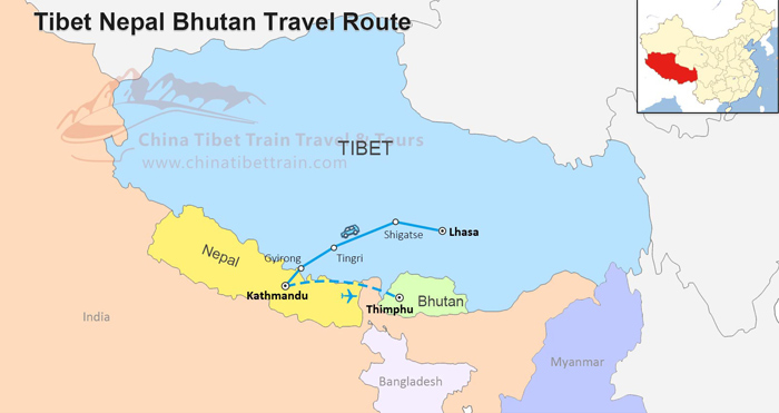  Travel map from Tibet to Nepal to Bhutan 